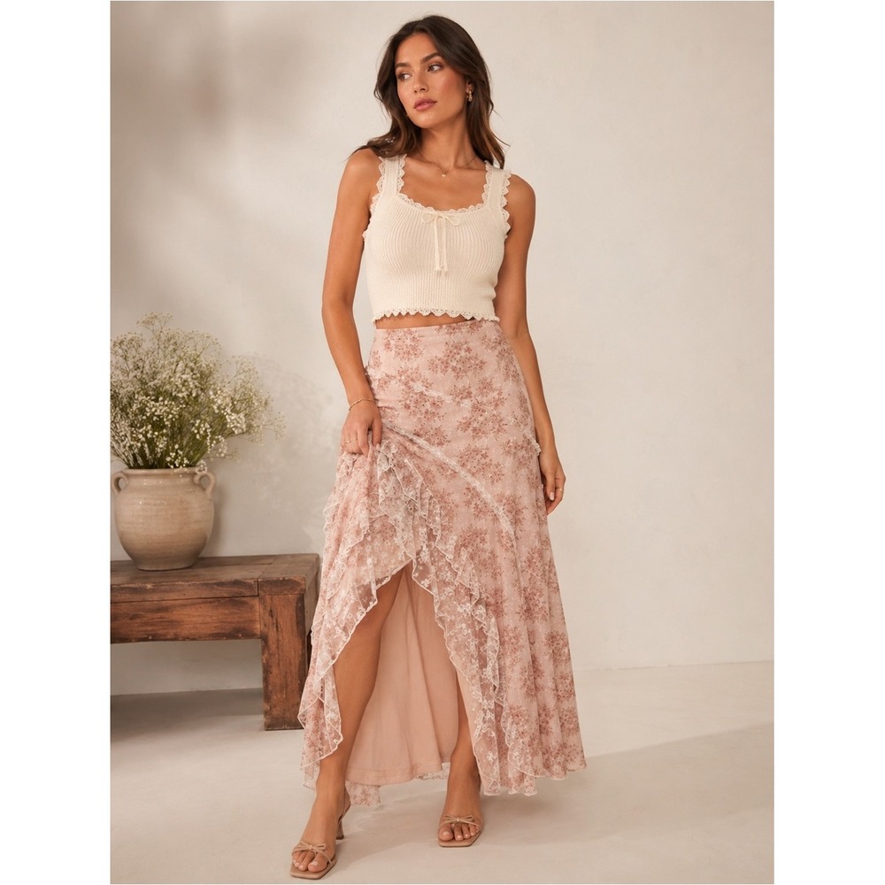 NWT BaeVely Pink Floral Mesh High Low Ruffle Maxi Skirt Cottagecore Romantic S